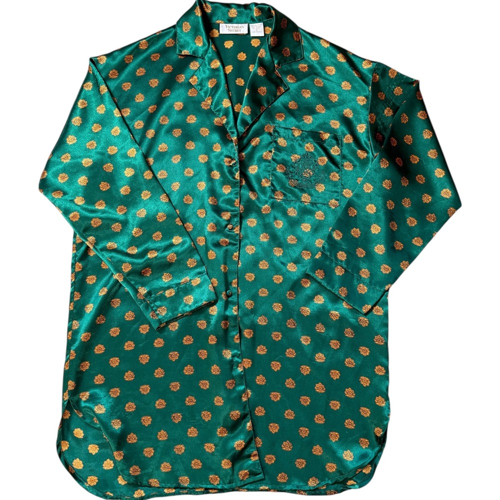 Vintage Victoria's Secret Emerald‎ Green Floral Print Satin Pajama Dress Small